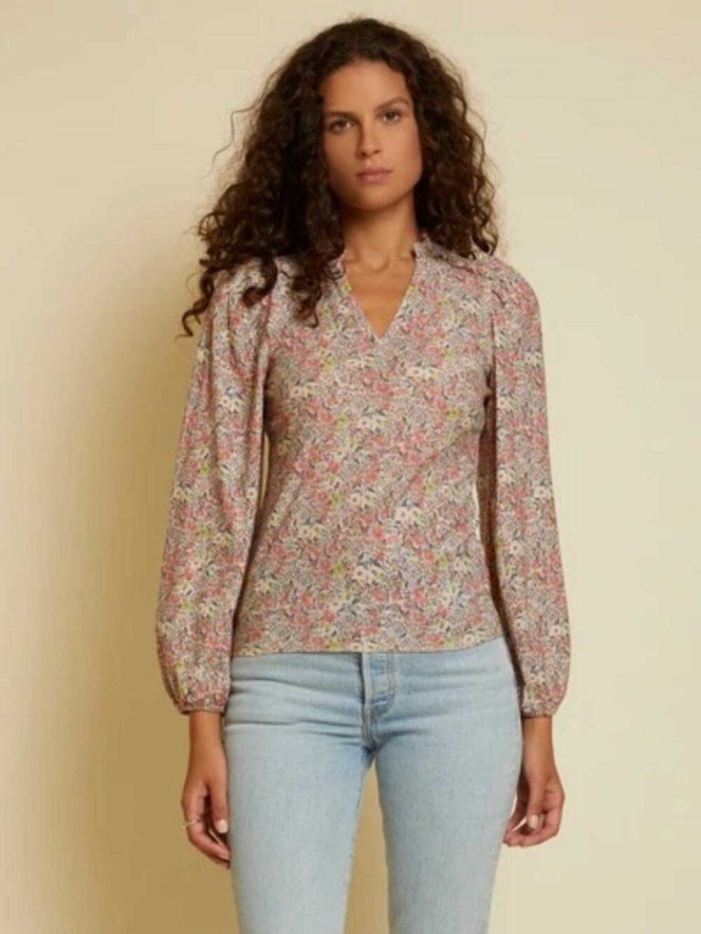 Nation Ltd Blouse XS Floral Ruffle Claudine Yoked Tee Superbloom Pink Bohemian